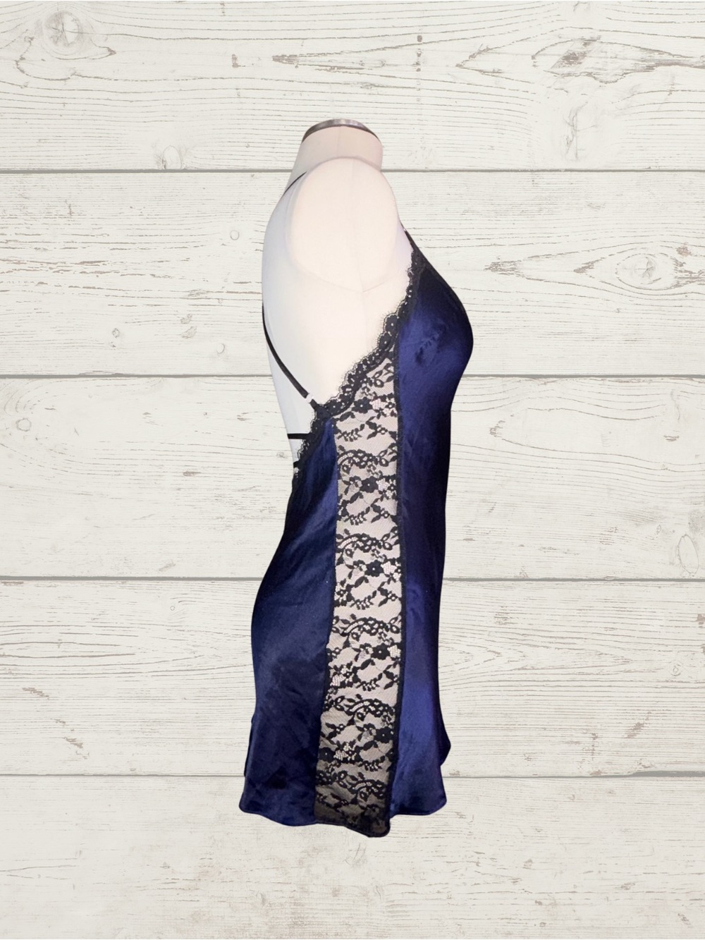 Victoria’s Secret Navy Satin Lace Slip Dress Strappy Crossback Chemise Sz S